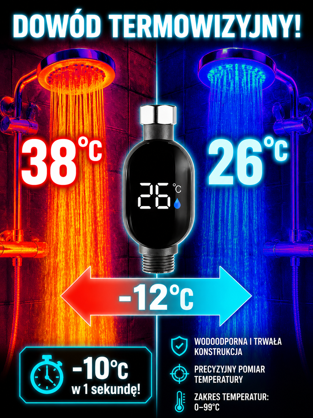 Inteligentny podgrzewacz i schładzacz prysznicowy z cyfrowym wyświetlaczem temperatury 🌡️ Ciesz się orzeźwiająco lodowatą wodą w zaledwie 3 sekundy! 💧