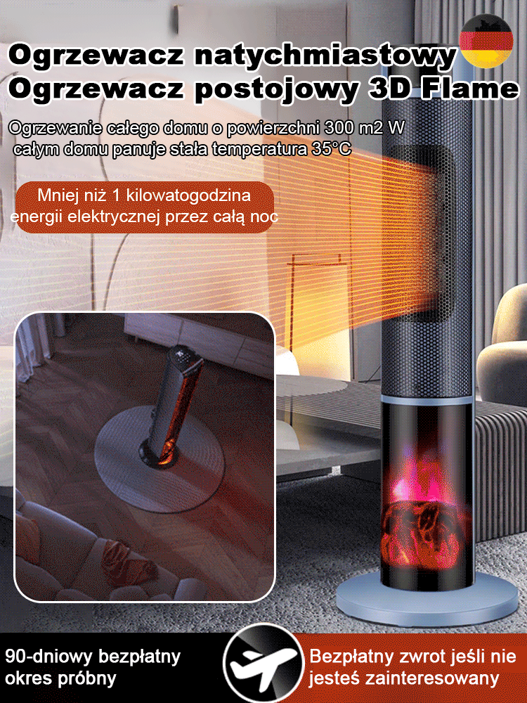 🔥Trzystopniowa regulacja temperatury pionowego grzejnika, ciesz się ciepłem wizualnego płomienia 3D🔥