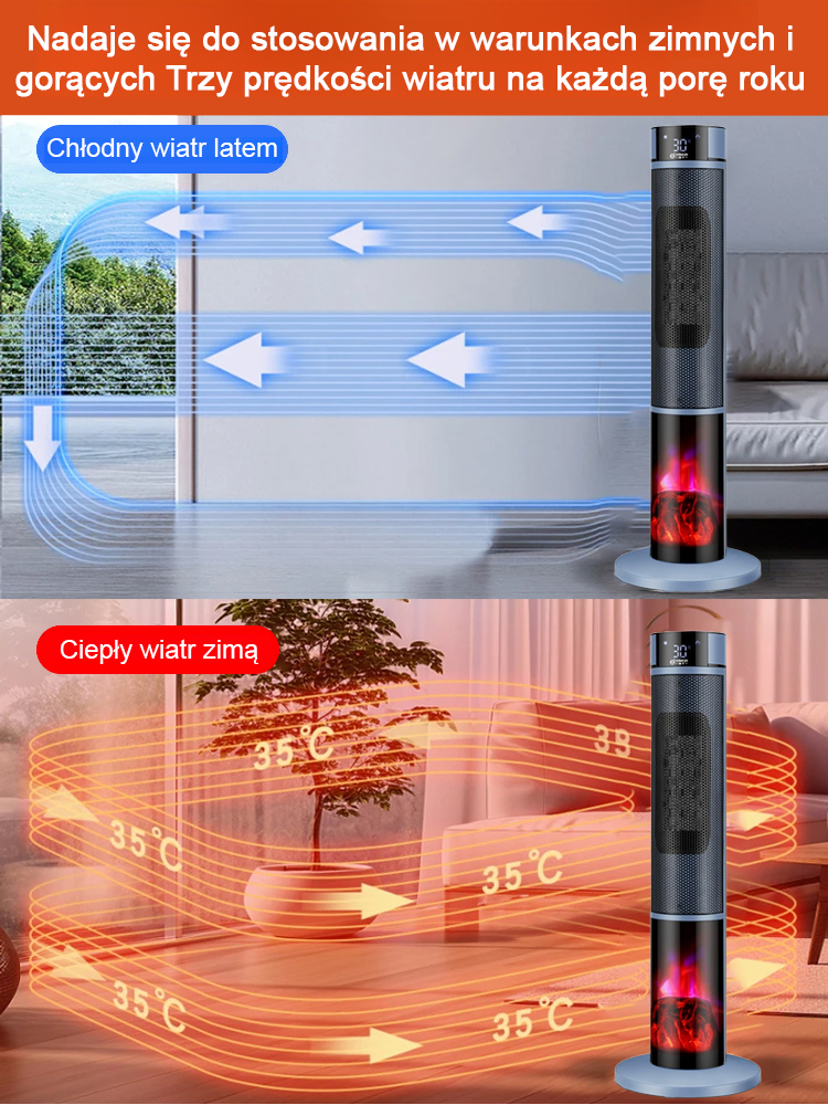 🔥Trzystopniowa regulacja temperatury pionowego grzejnika, ciesz się ciepłem wizualnego płomienia 3D🔥