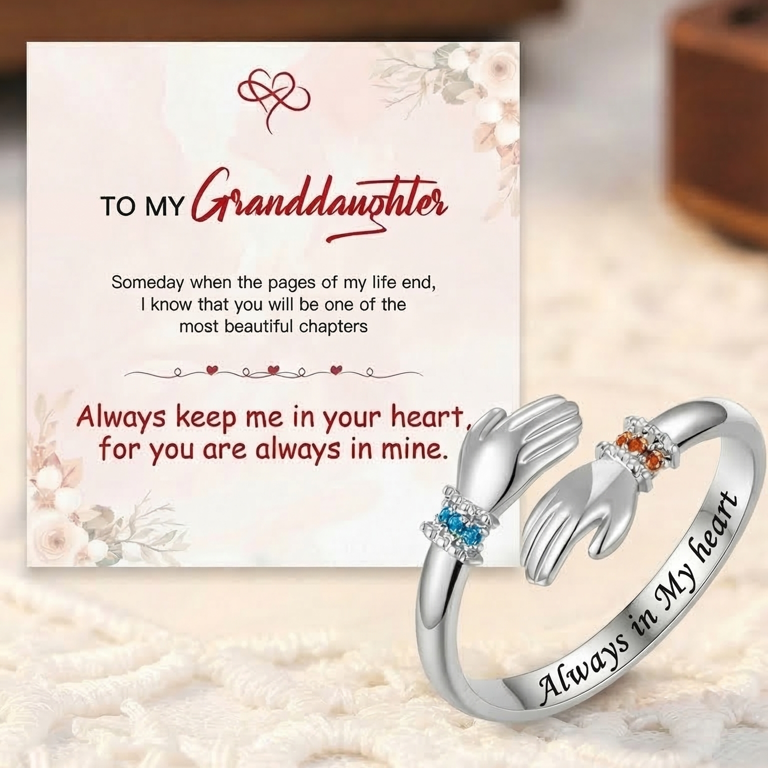 FOR GRANDDAUGHTER - ALWAYS KEEP ME IN YOUR HEART CUSTOM BIRTHSTONE HUG ADJUSTABLE RING