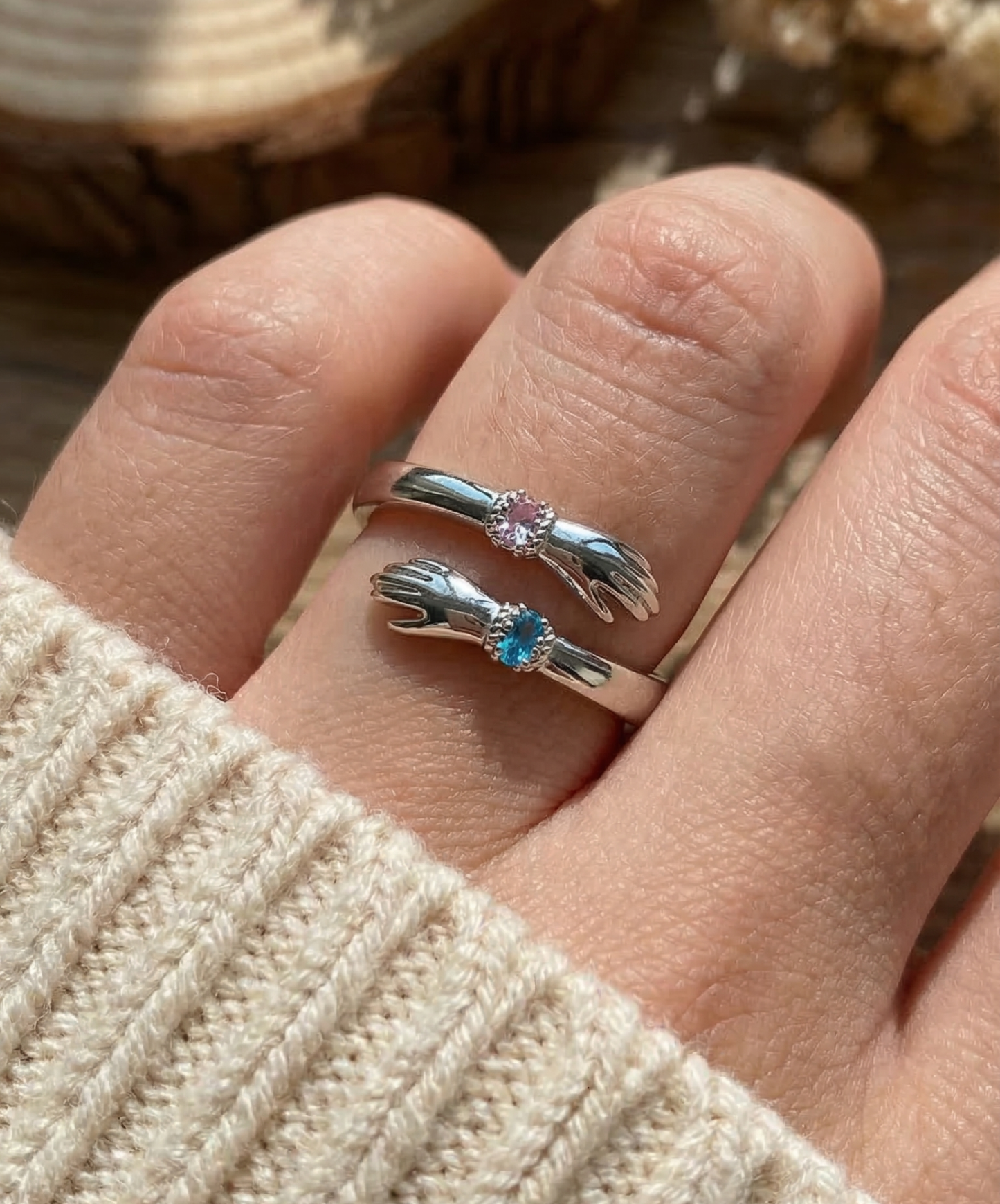 FOR GRANDDAUGHTER - ALWAYS KEEP ME IN YOUR HEART CUSTOM BIRTHSTONE HUG ADJUSTABLE RING