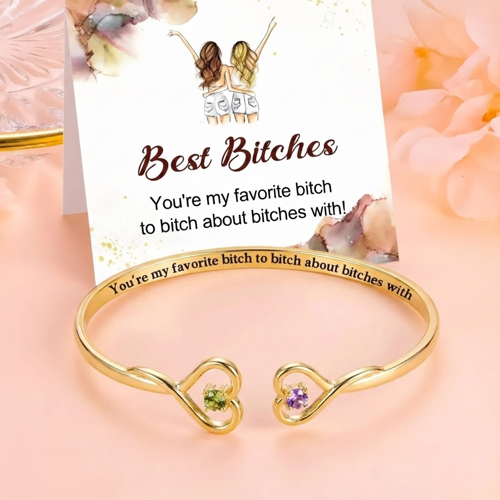 For Friend - You're My Favorite Bitch Double Hearts Custom Birthstones Bracelet
