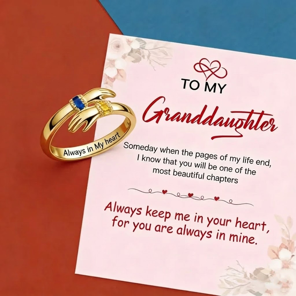 FOR GRANDDAUGHTER - ALWAYS KEEP ME IN YOUR HEART CUSTOM BIRTHSTONE HUG ADJUSTABLE RING