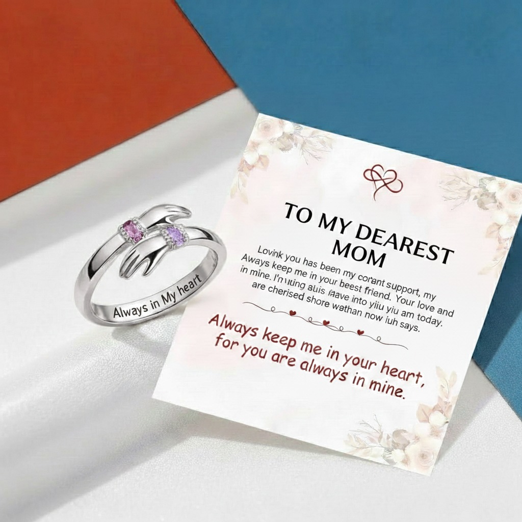FOR MOM - ALWAYS KEEP ME IN YOUR HEART CUSTOM BIRTHSTONE HUG ADJUSTABLE RING