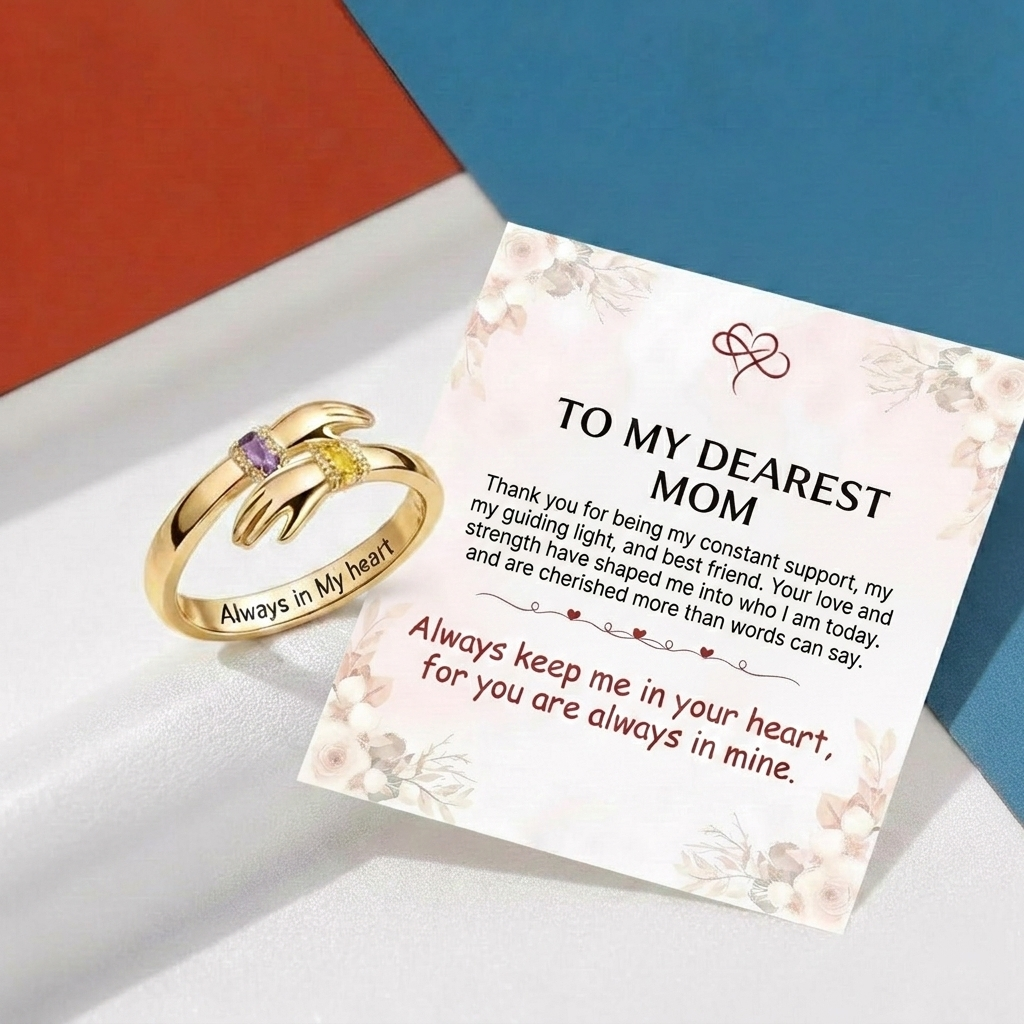 FOR MOM - ALWAYS KEEP ME IN YOUR HEART CUSTOM BIRTHSTONE HUG ADJUSTABLE RING
