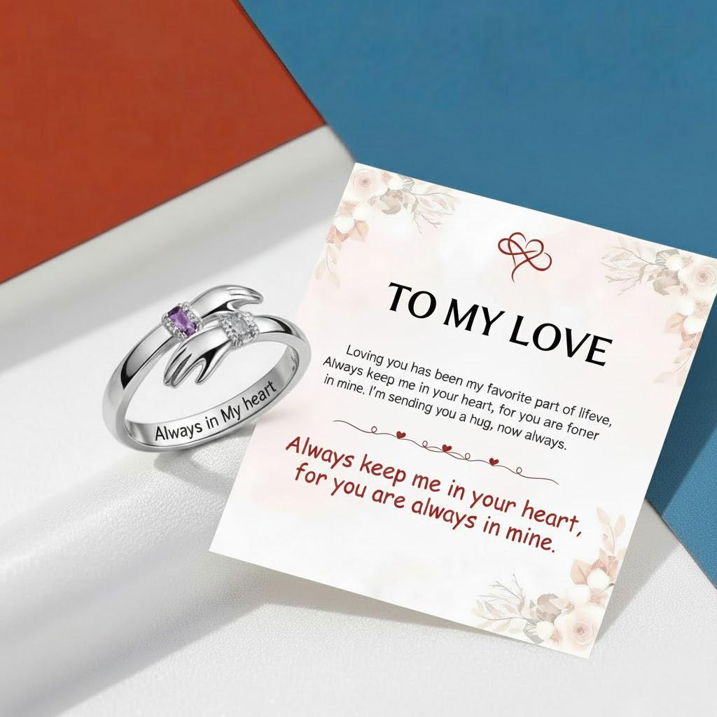 FOR LOVE - ALWAYS KEEP ME IN YOUR HEART CUSTOM BIRTHSTONE HUG ADJUSTABLE RING