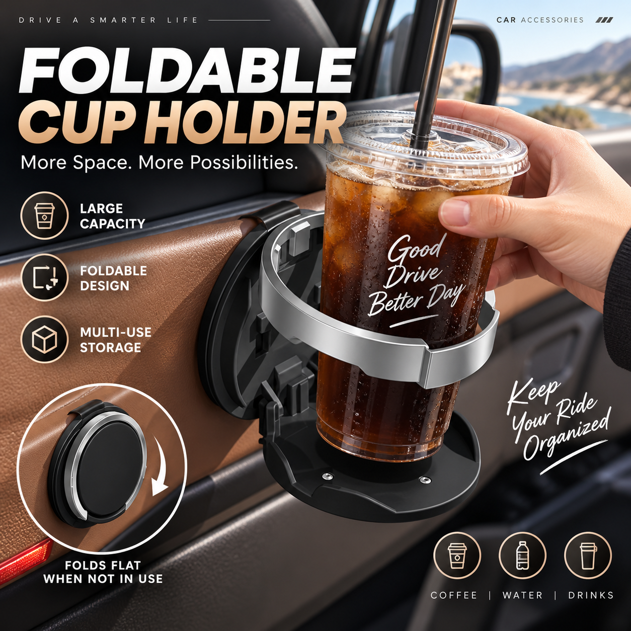 🚗 Universal Foldable Car Cup Holder – Space-Saving Drink & Phone Holder