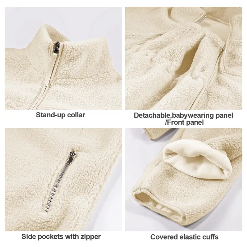 Pwest MAMA Women's 2-in-1 Hip-Length Casual Sports Outerwear Coat, Soft Teddy Fleece Long-Sleeve Zippered Top with Pocket, Detachable Babywearing Panel for Pregnancy-Postpartum Use, Winter Warmth - Cream