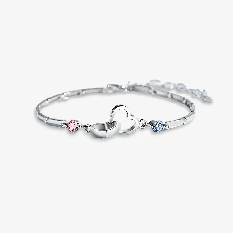 MOTHER & DAUGHTER BIRTHSTONES CUSTOM DOUBLE DIAMOND DOUBLE HEART BRACELET