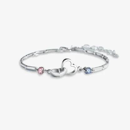 MOTHER & DAUGHTER BIRTHSTONES CUSTOM DOUBLE DIAMOND DOUBLE HEART BRACELET