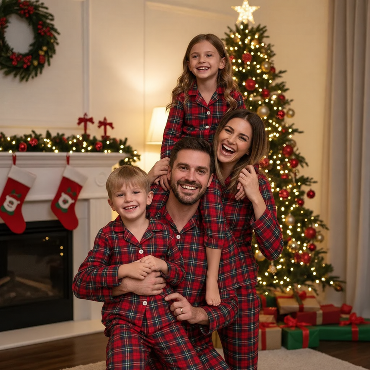 Christmas Red and Green Plaid Button Up Family Pajamas Sets