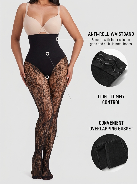 High-Waisted Floral Lace Shaping Tights