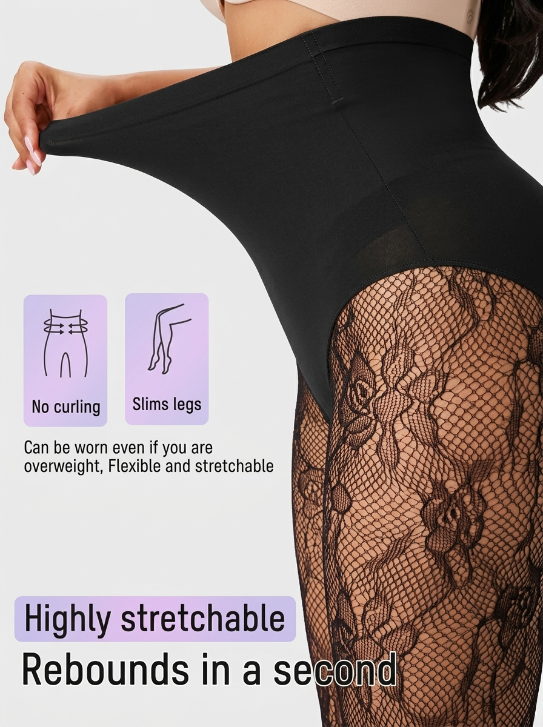High-Waisted Floral Lace Shaping Tights