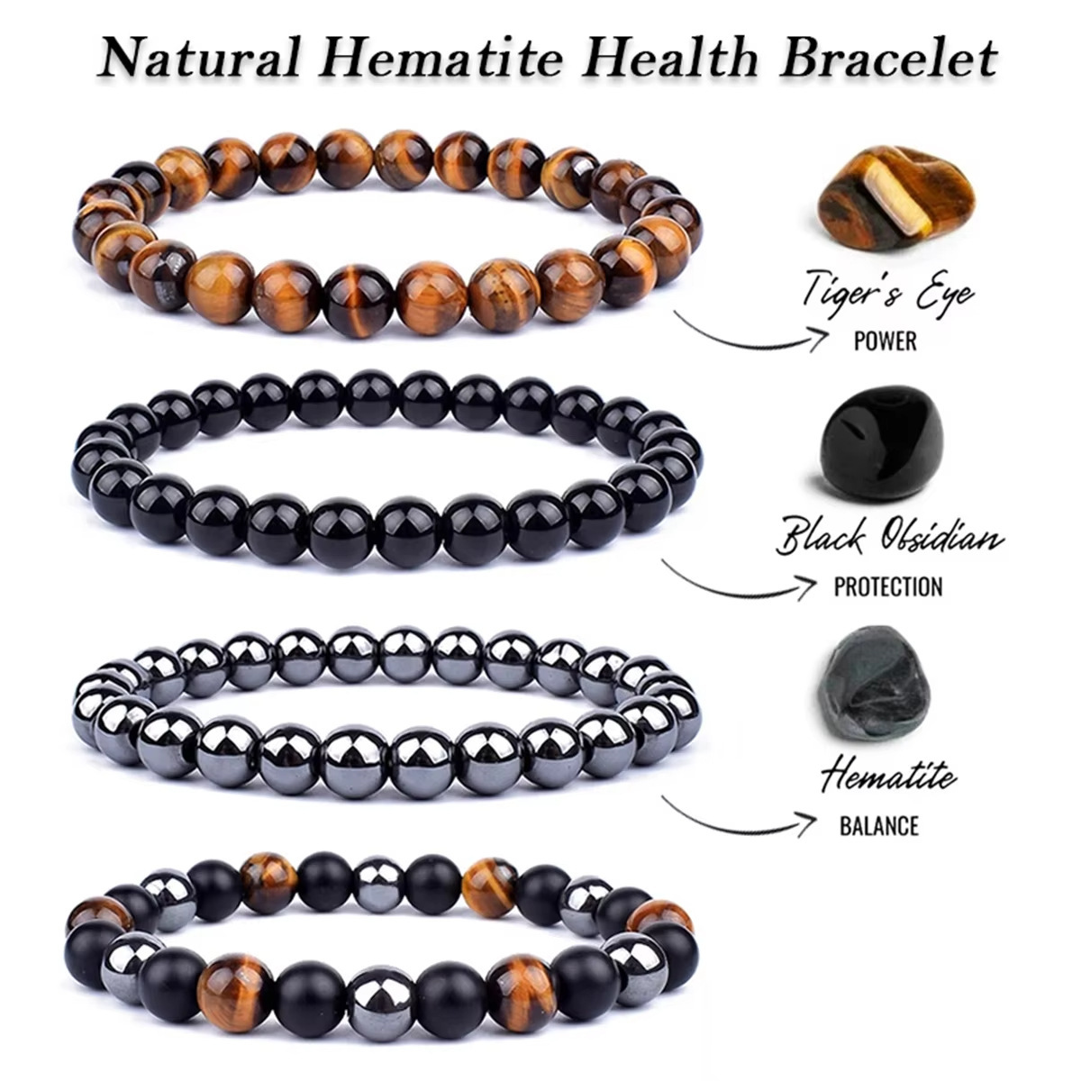 🖤Triple Protection Set : Obsidian, Hematite & Tiger’s Eye Ensemble Bracelet