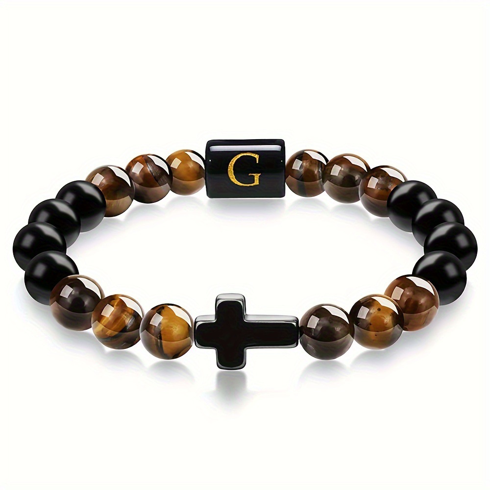 Natural Tiger Eye Stone Cross Letter Bracelet