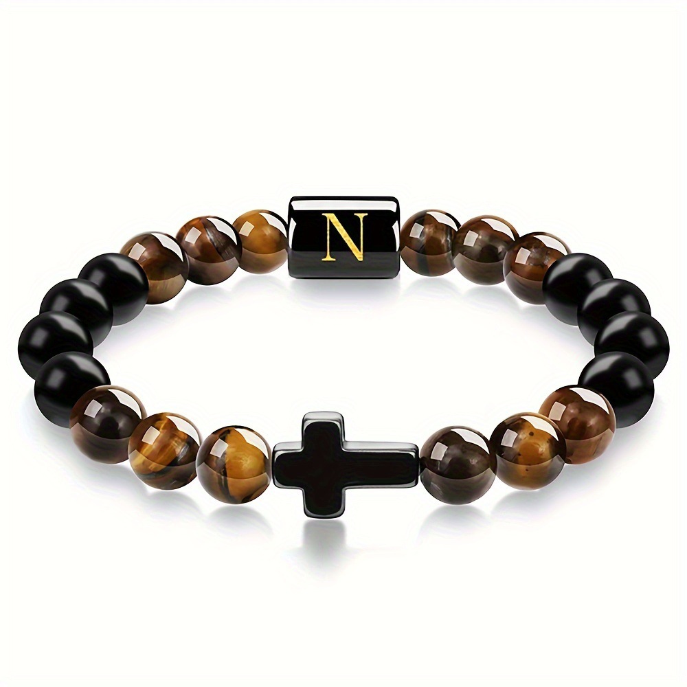 Natural Tiger Eye Stone Cross Letter Bracelet