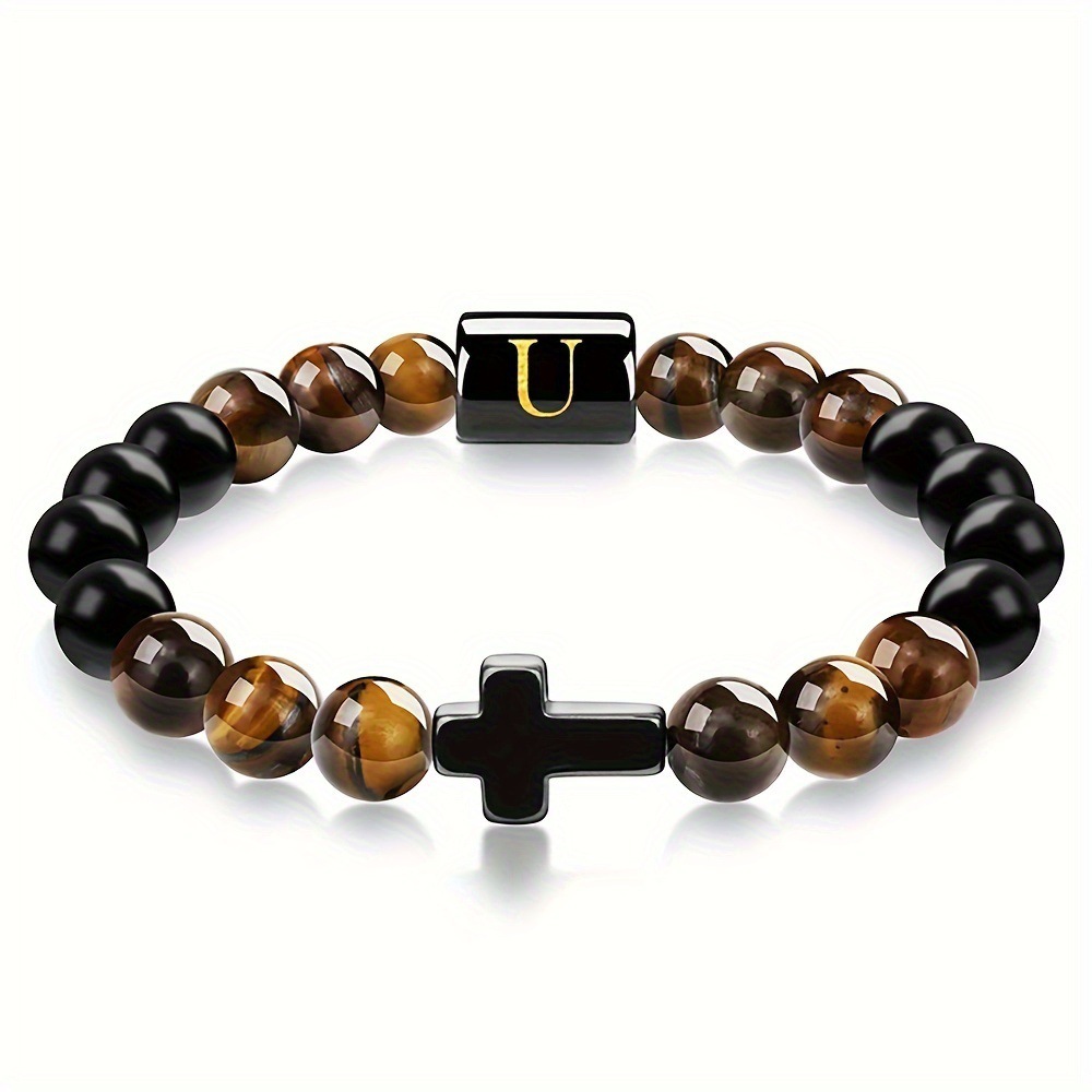 Natural Tiger Eye Stone Cross Letter Bracelet