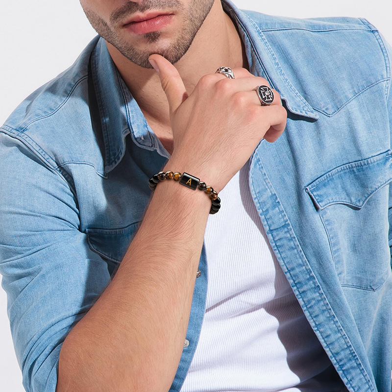 Natural Tiger Eye Stone Cross Letter Bracelet