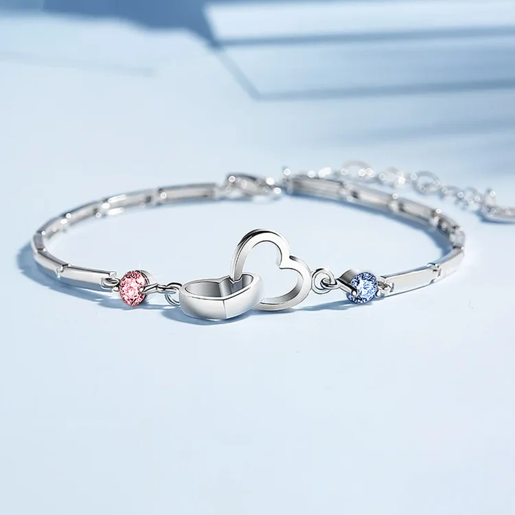 MOTHER & DAUGHTER BIRTHSTONES CUSTOM DOUBLE DIAMOND DOUBLE HEART BRACELET