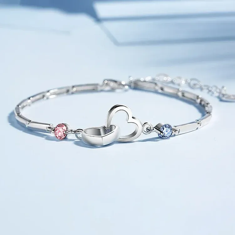 MOTHER & DAUGHTER BIRTHSTONES CUSTOM DOUBLE DIAMOND DOUBLE HEART BRACELET