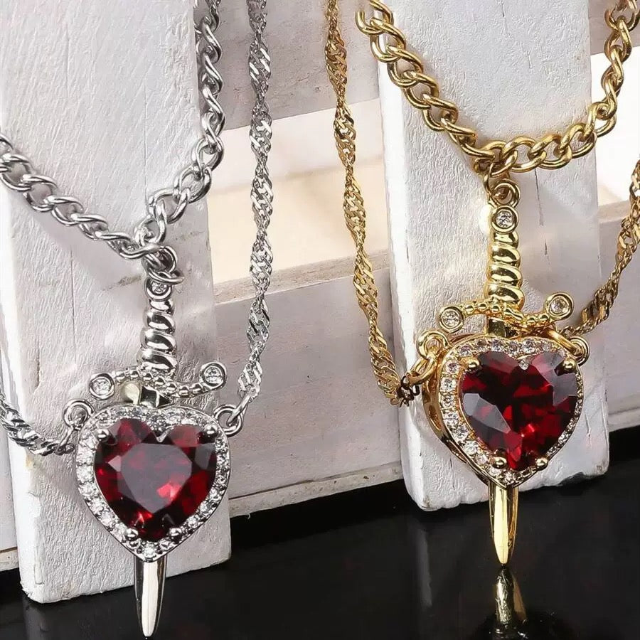 Gothic Heart & Sword Design Couple Pendant Necklace