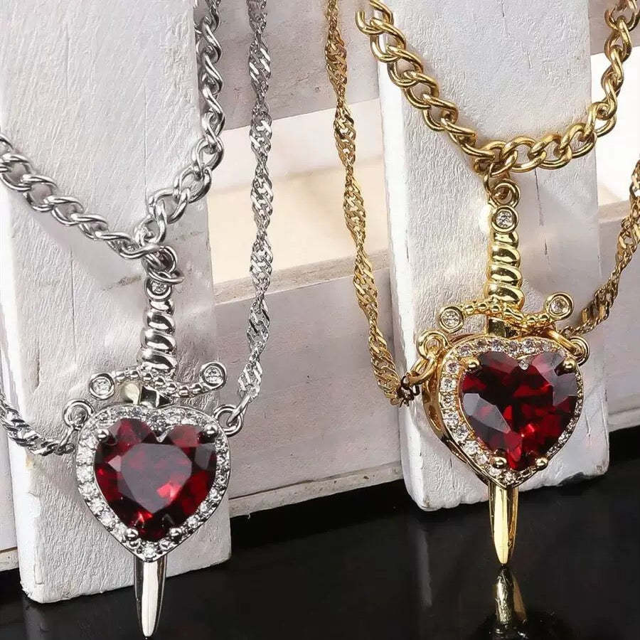 Gothic Heart & Sword Design Couple Pendant Necklace