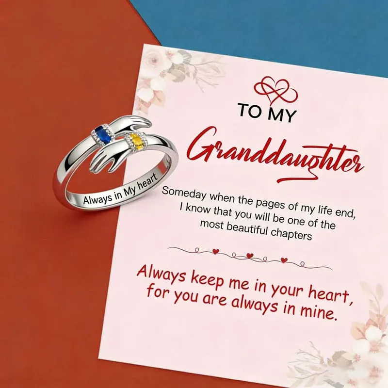 FOR GRANDDAUGHTER - ALWAYS KEEP ME IN YOUR HEART CUSTOM BIRTHSTONE HUG ADJUSTABLE RING