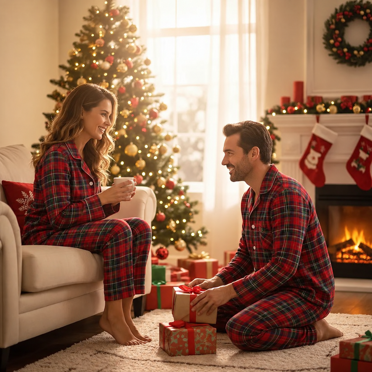 Christmas Red and Green Plaid Button Up Family Pajamas Sets