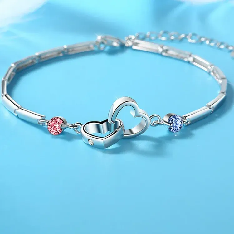 MOTHER & DAUGHTER BIRTHSTONES CUSTOM DOUBLE DIAMOND DOUBLE HEART BRACELET