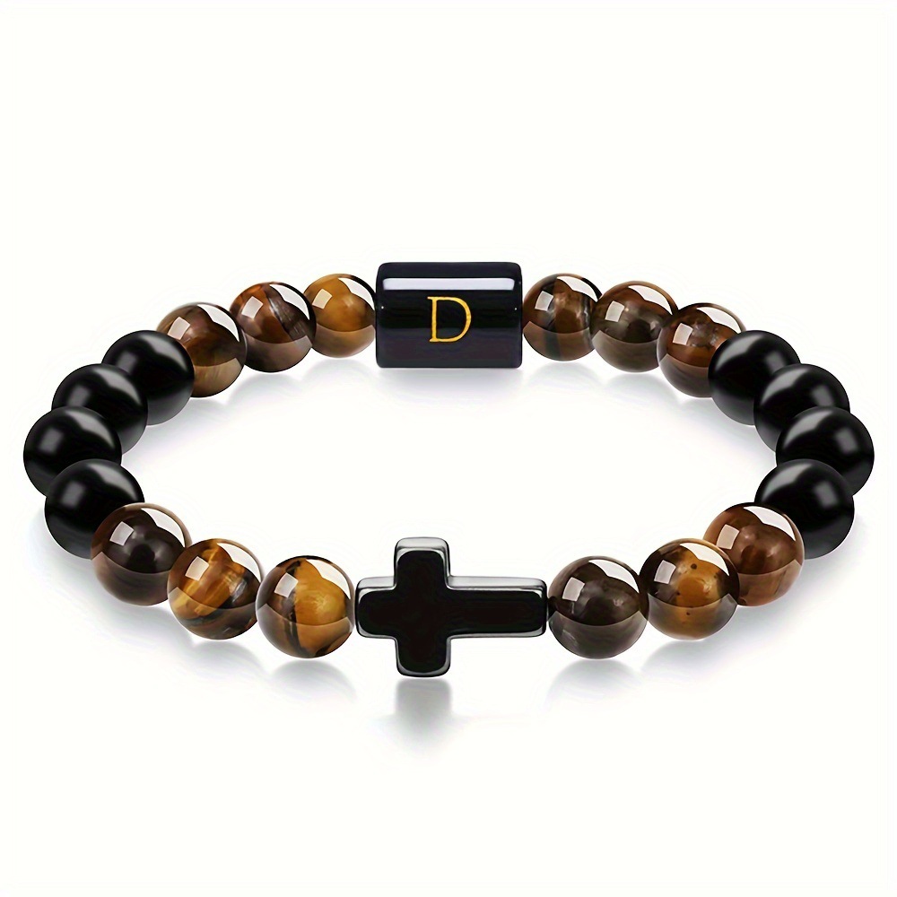 Natural Tiger Eye Stone Cross Letter Bracelet