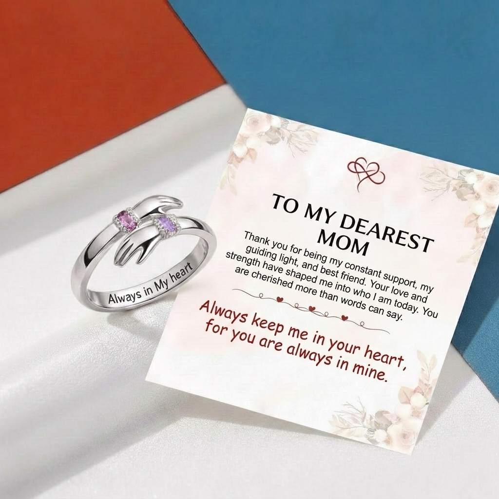 FOR MOM - ALWAYS KEEP ME IN YOUR HEART CUSTOM BIRTHSTONE HUG ADJUSTABLE RING