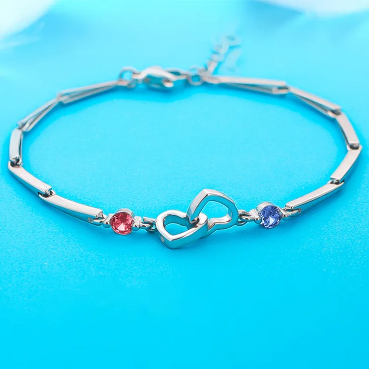 MOTHER & DAUGHTER BIRTHSTONES CUSTOM DOUBLE DIAMOND DOUBLE HEART BRACELET
