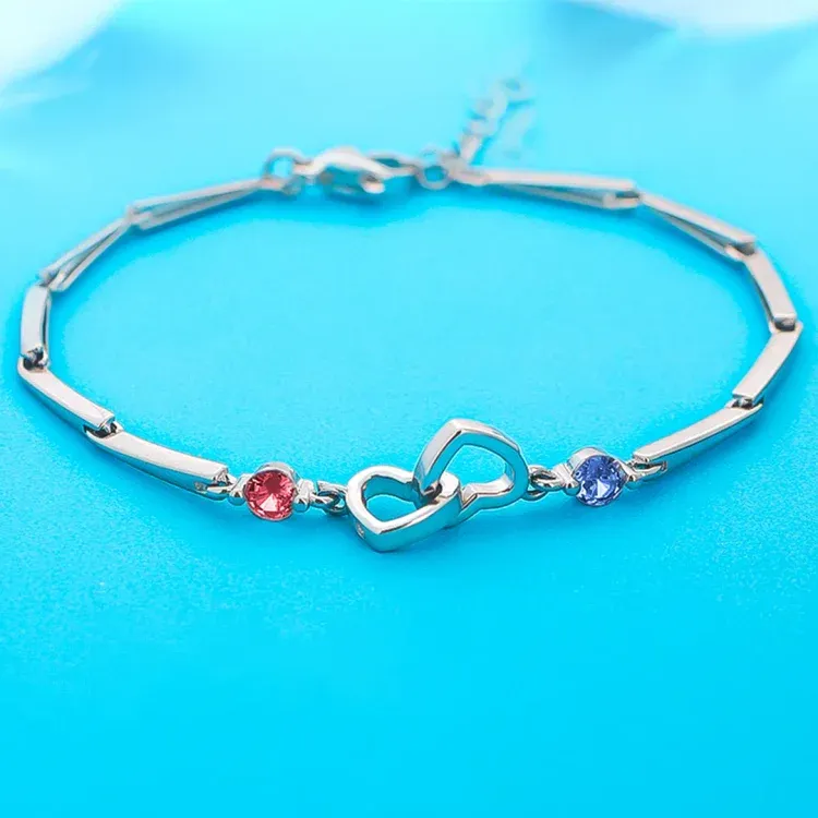 MOTHER & DAUGHTER BIRTHSTONES CUSTOM DOUBLE DIAMOND DOUBLE HEART BRACELET