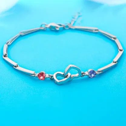 MOTHER & DAUGHTER BIRTHSTONES CUSTOM DOUBLE DIAMOND DOUBLE HEART BRACELET