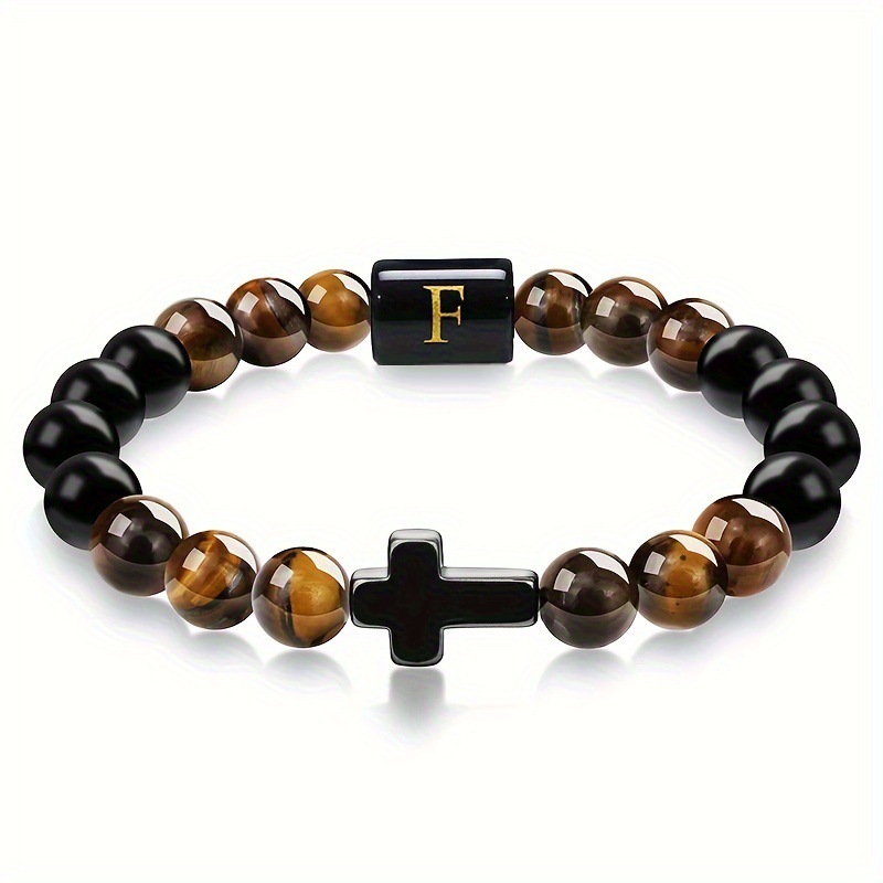 Natural Tiger Eye Stone Cross Letter Bracelet