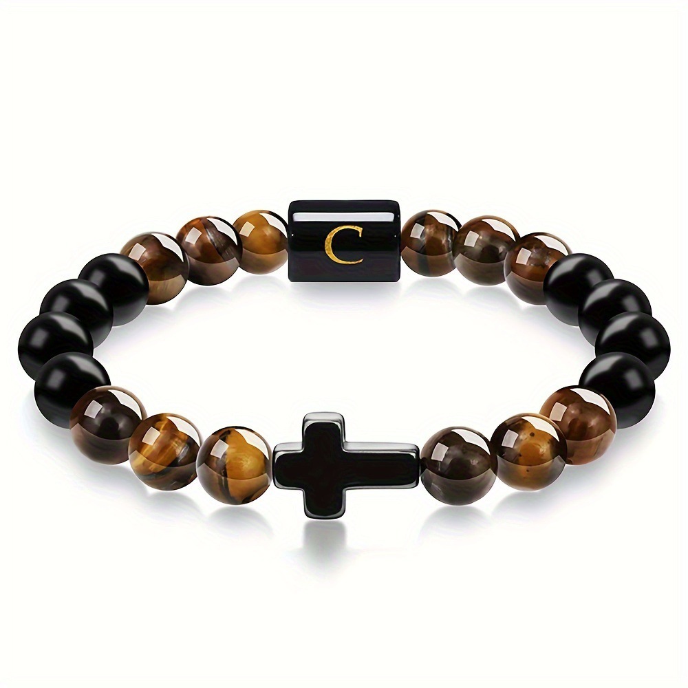 Natural Tiger Eye Stone Cross Letter Bracelet