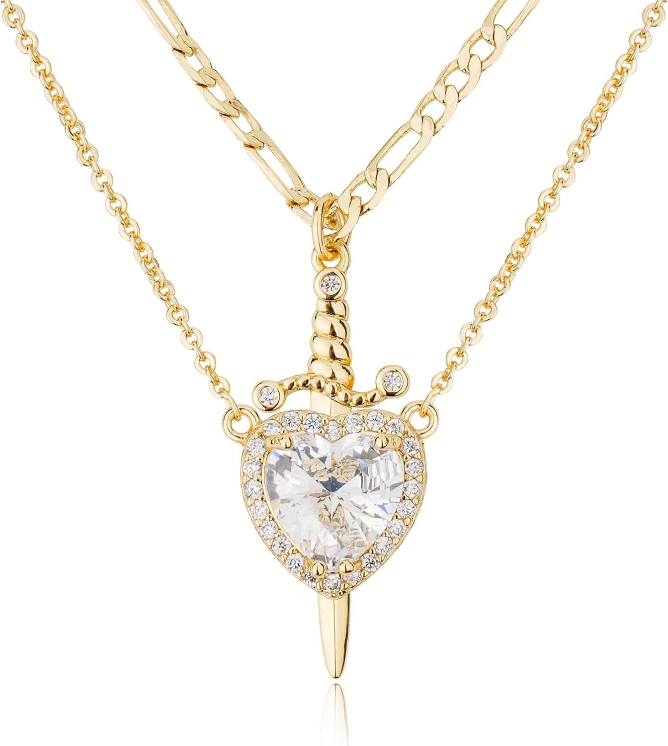 Gothic Heart & Sword Design Couple Pendant Necklace