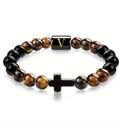 Natural Tiger Eye Stone Cross Letter Bracelet