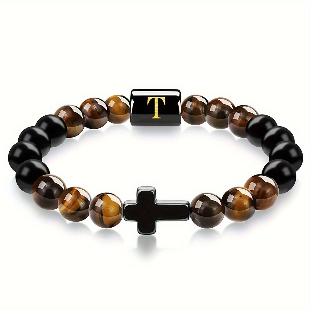Natural Tiger Eye Stone Cross Letter Bracelet