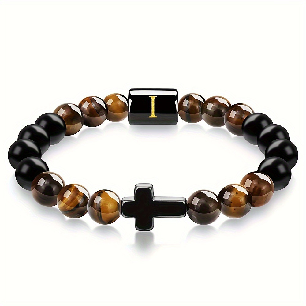 Natural Tiger Eye Stone Cross Letter Bracelet