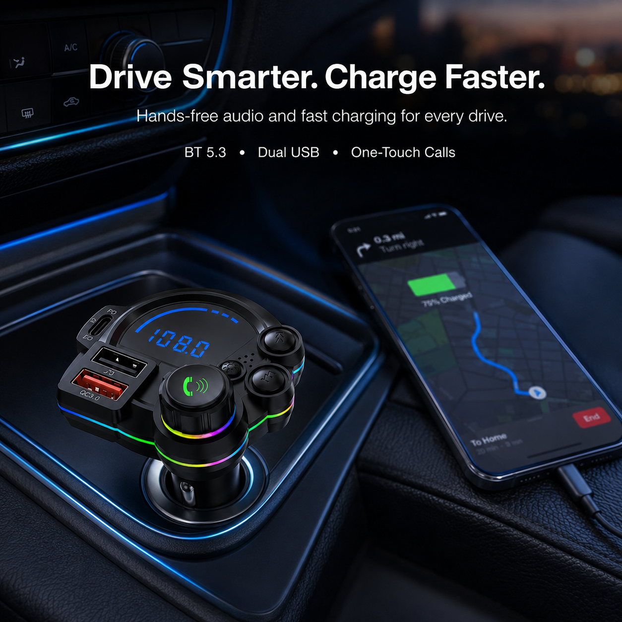 20W USB-C Bluetooth 5.3 FM Transmitter Car Charger