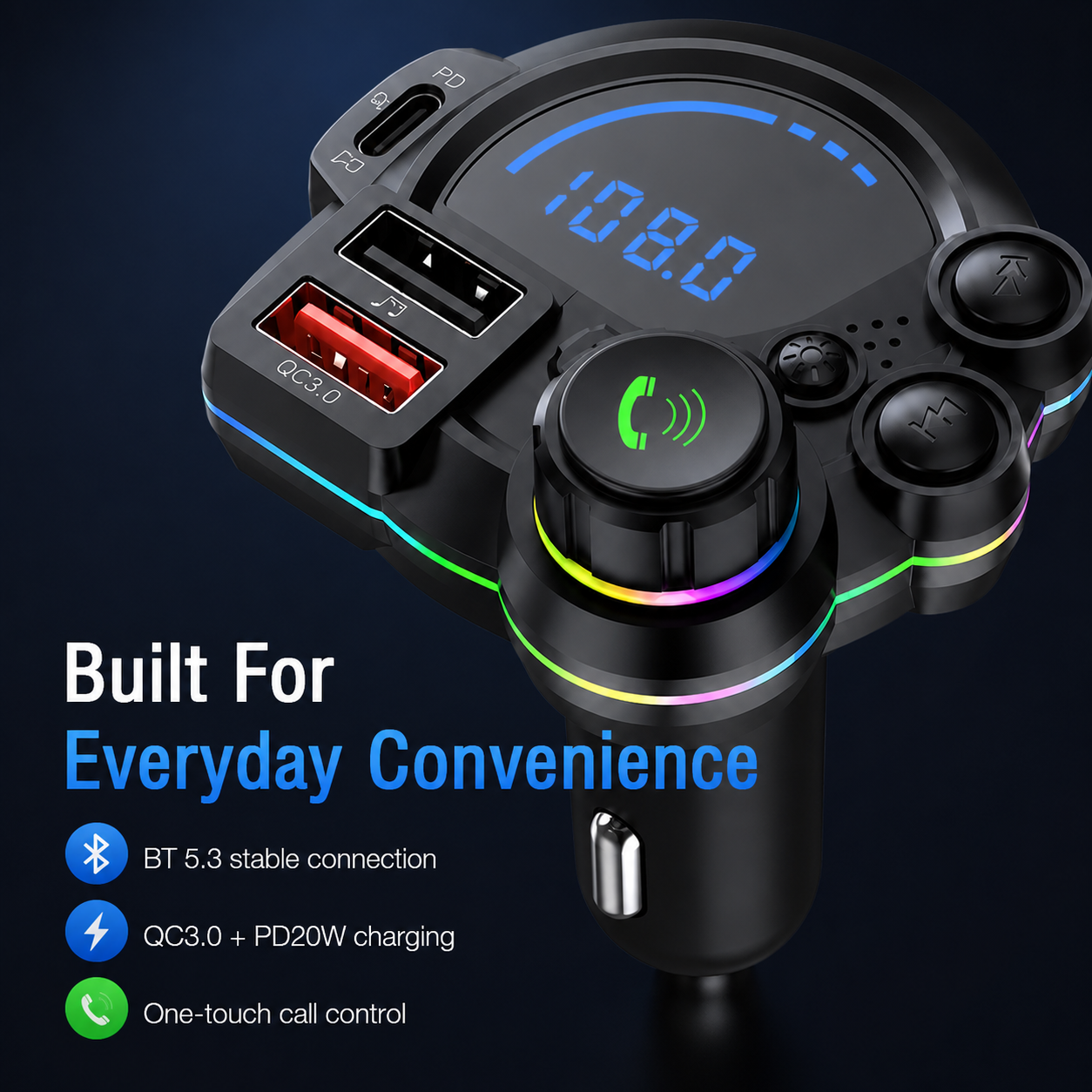 20W USB-C Bluetooth 5.3 FM Transmitter Car Charger
