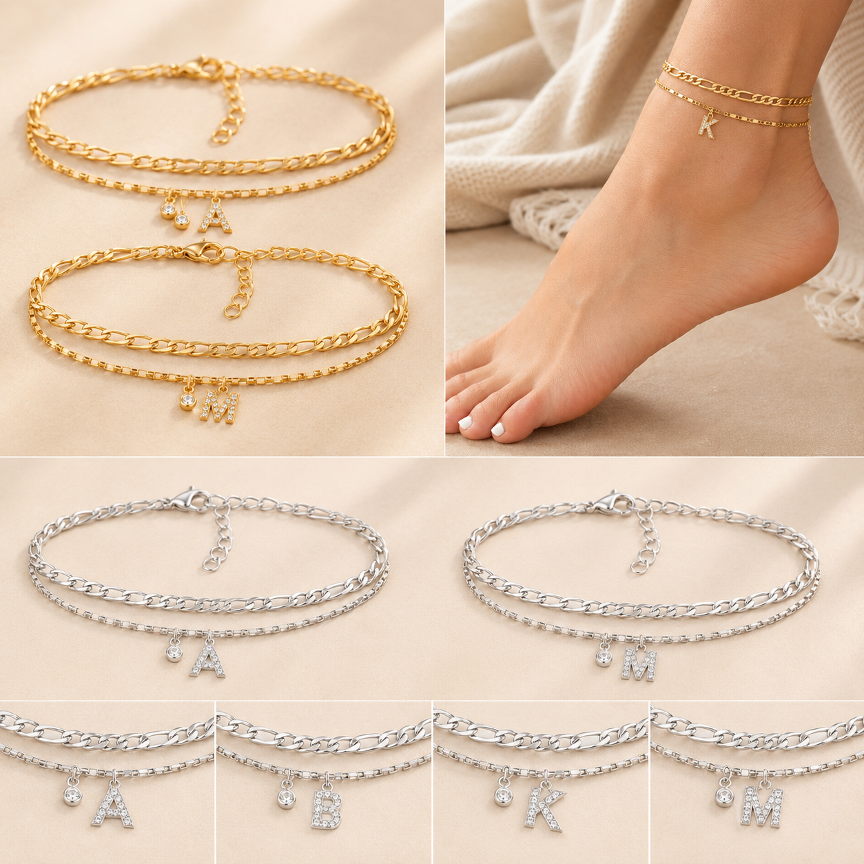 【LAST DAY 48% OFF】2 Pack - Initial Letter Pendant Anklets Set