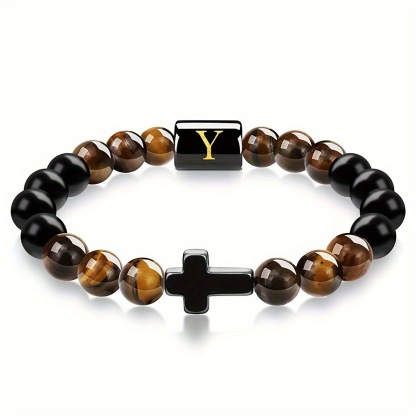 Natural Tiger Eye Stone Cross Letter Bracelet