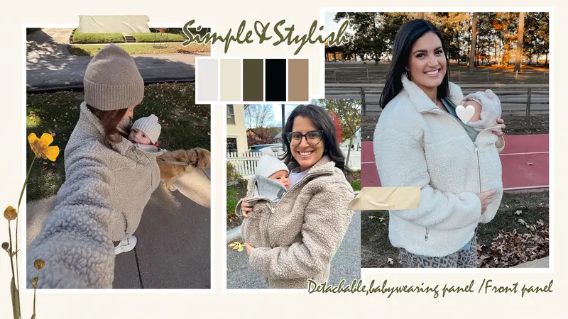 Pwest MAMA Women's 2-in-1 Hip-Length Casual Sports Outerwear Coat, Soft Teddy Fleece Long-Sleeve Zippered Top with Pocket, Detachable Babywearing Panel for Pregnancy-Postpartum Use, Winter Warmth - Cream