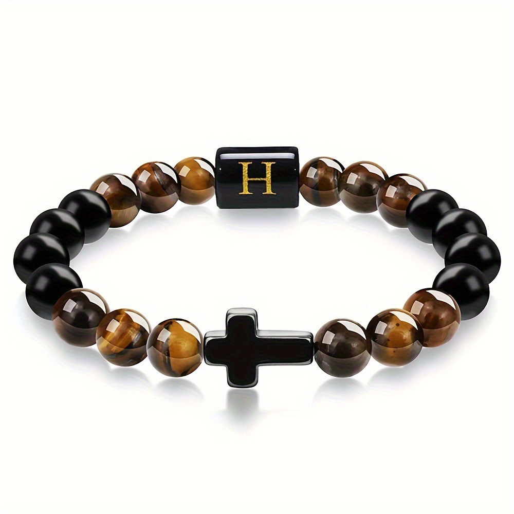 Natural Tiger Eye Stone Cross Letter Bracelet