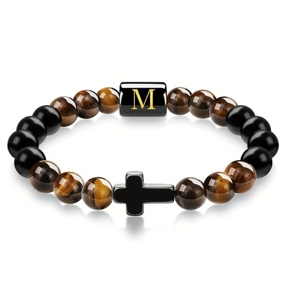Natural Tiger Eye Stone Cross Letter Bracelet