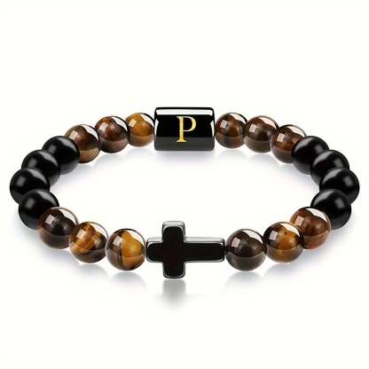 Natural Tiger Eye Stone Cross Letter Bracelet