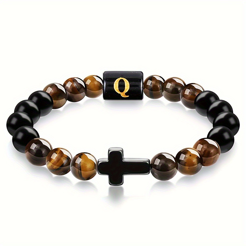 Natural Tiger Eye Stone Cross Letter Bracelet