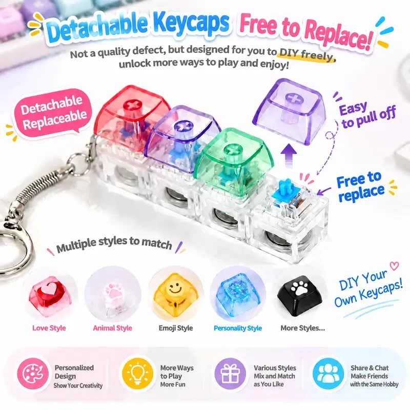 Mini Mechanical Keyboard Clicker Keychain with RGB LED Lights